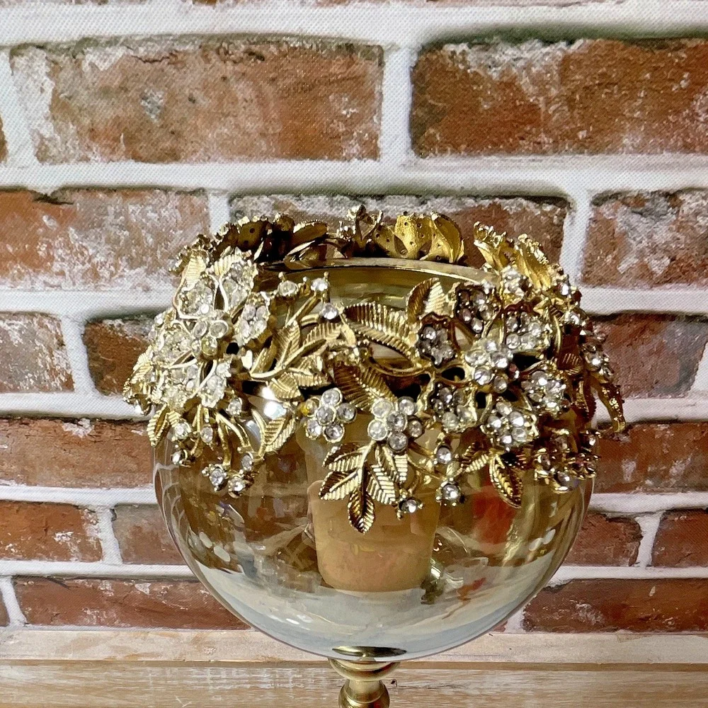 Gold Metal Clear Glass Floral Rhinestone Rim Pedestal Globe Hurricane Holder